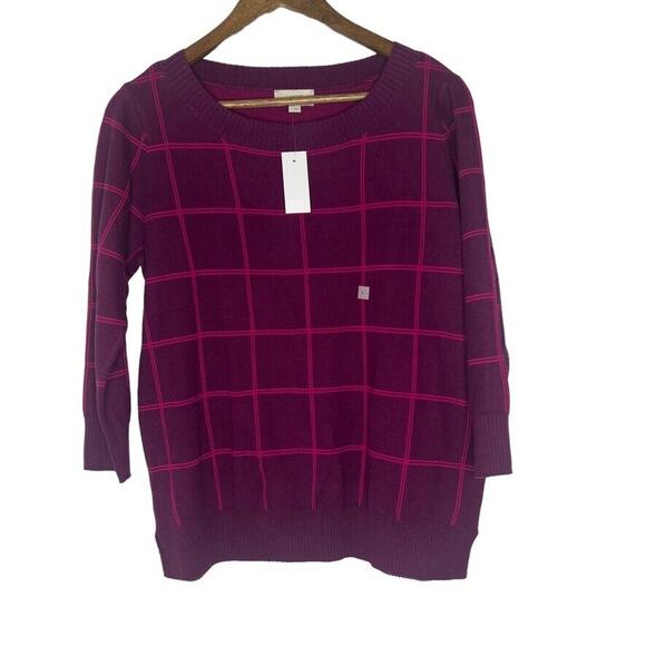 LOFT Women's Purple Grid Pattern Sweater Size L Lightweight Casual NEW - Picture 1 of 9